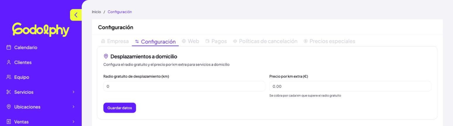 Configuración → Desplazamientos a domicilio