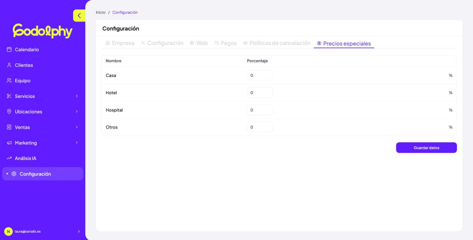 Configuración → Precios especiales