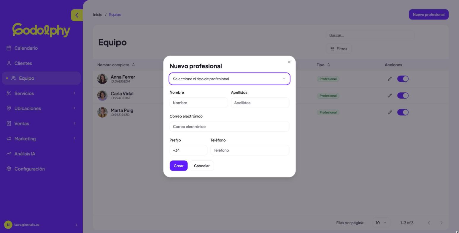 Modal «Nuevo profesional»