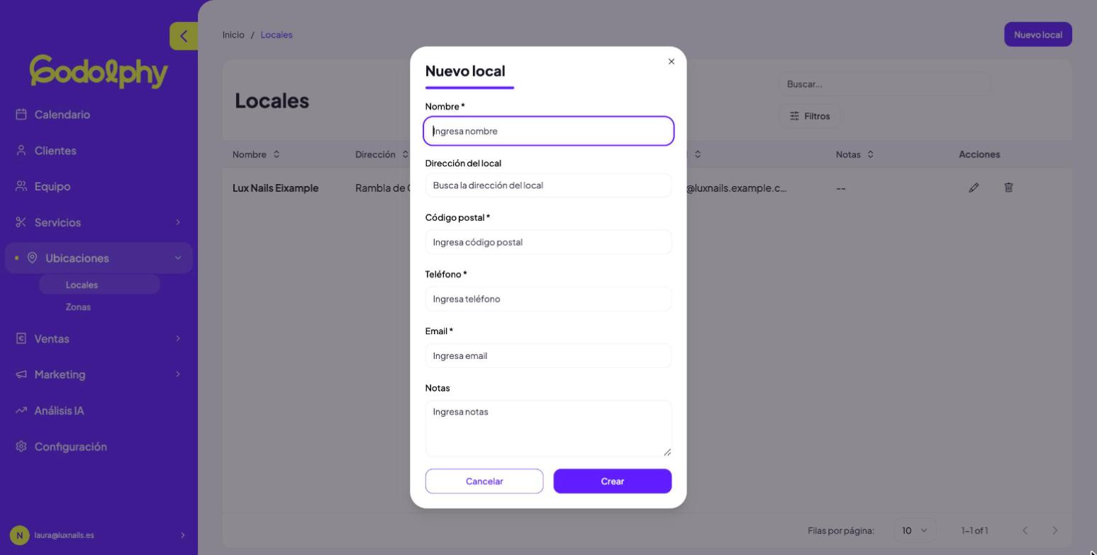 Modal «Nuevo local»
