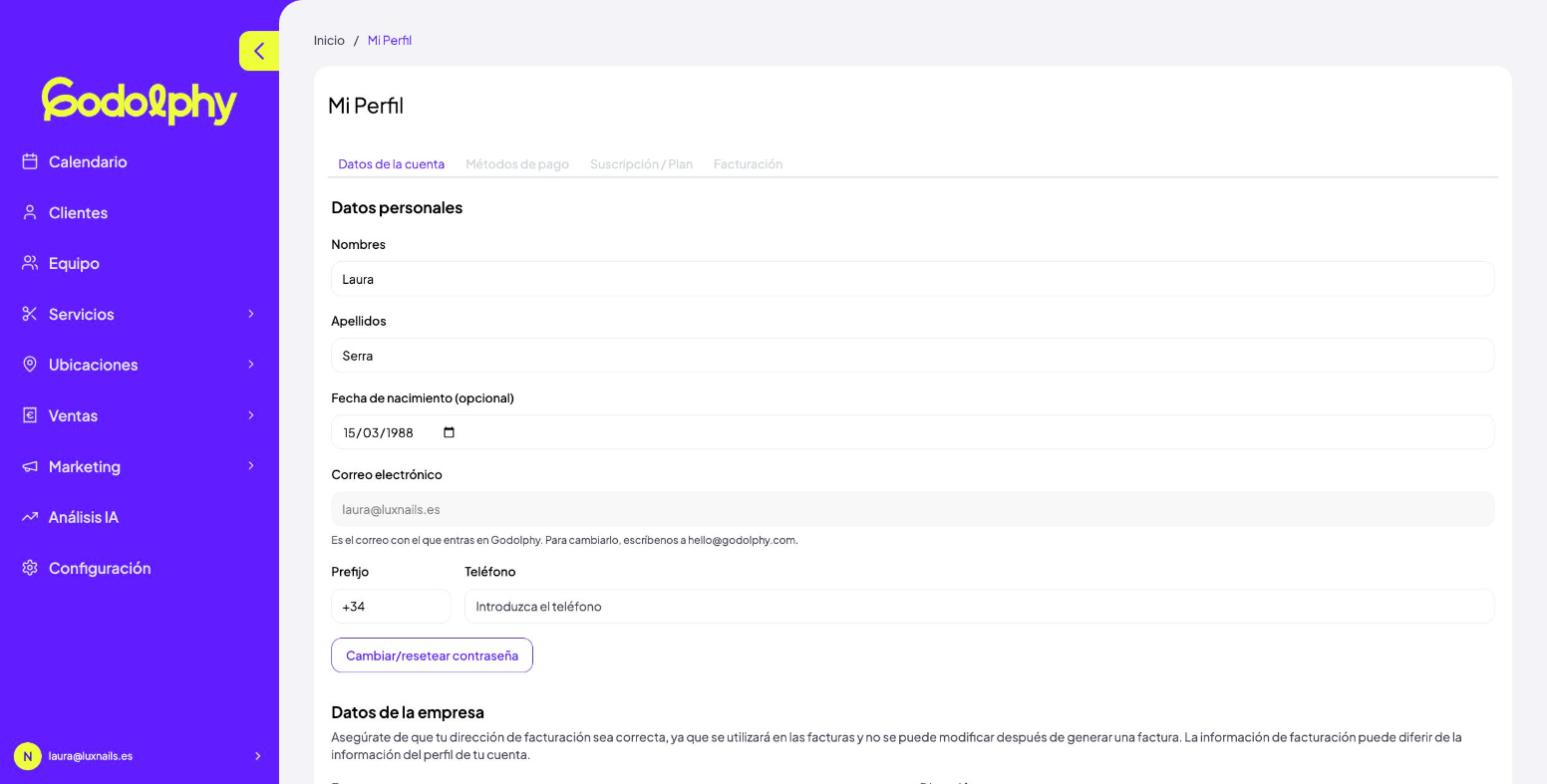 Mi perfil → Datos de la cuenta