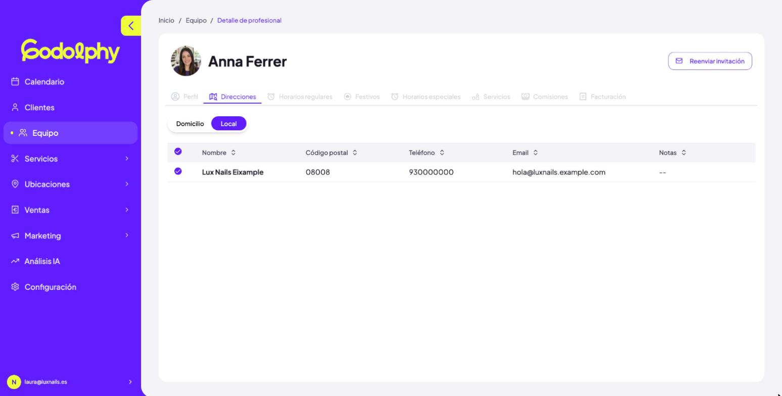 Ficha de profesional → Direcciones → Local