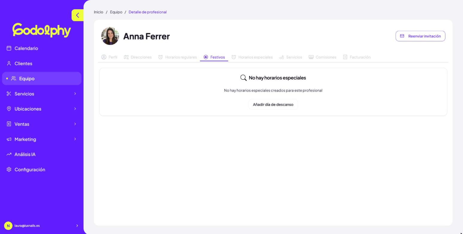 Ficha de profesional → Festivos