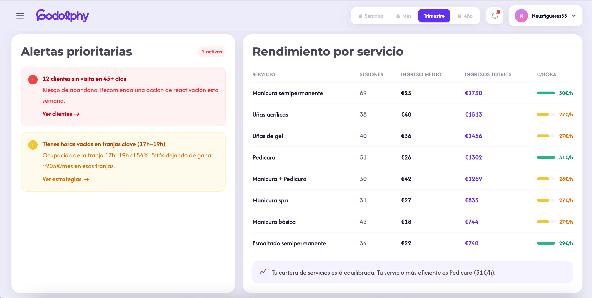 Alertas prioritarias y rendimiento por servicio en Godolphy
