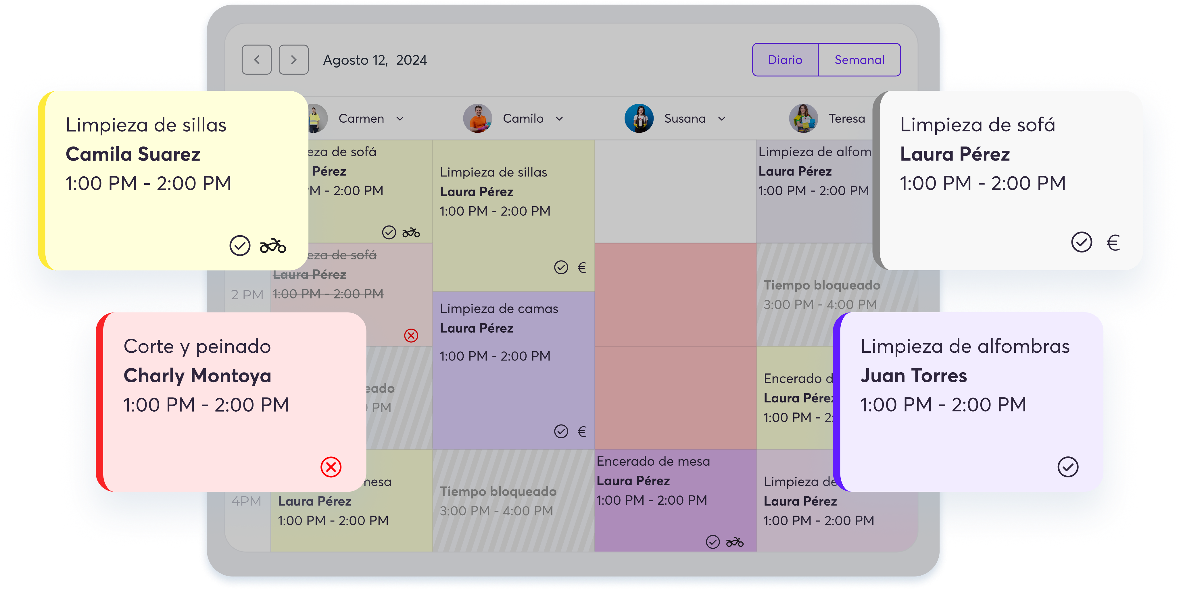 Estados de citas con colores e iconos