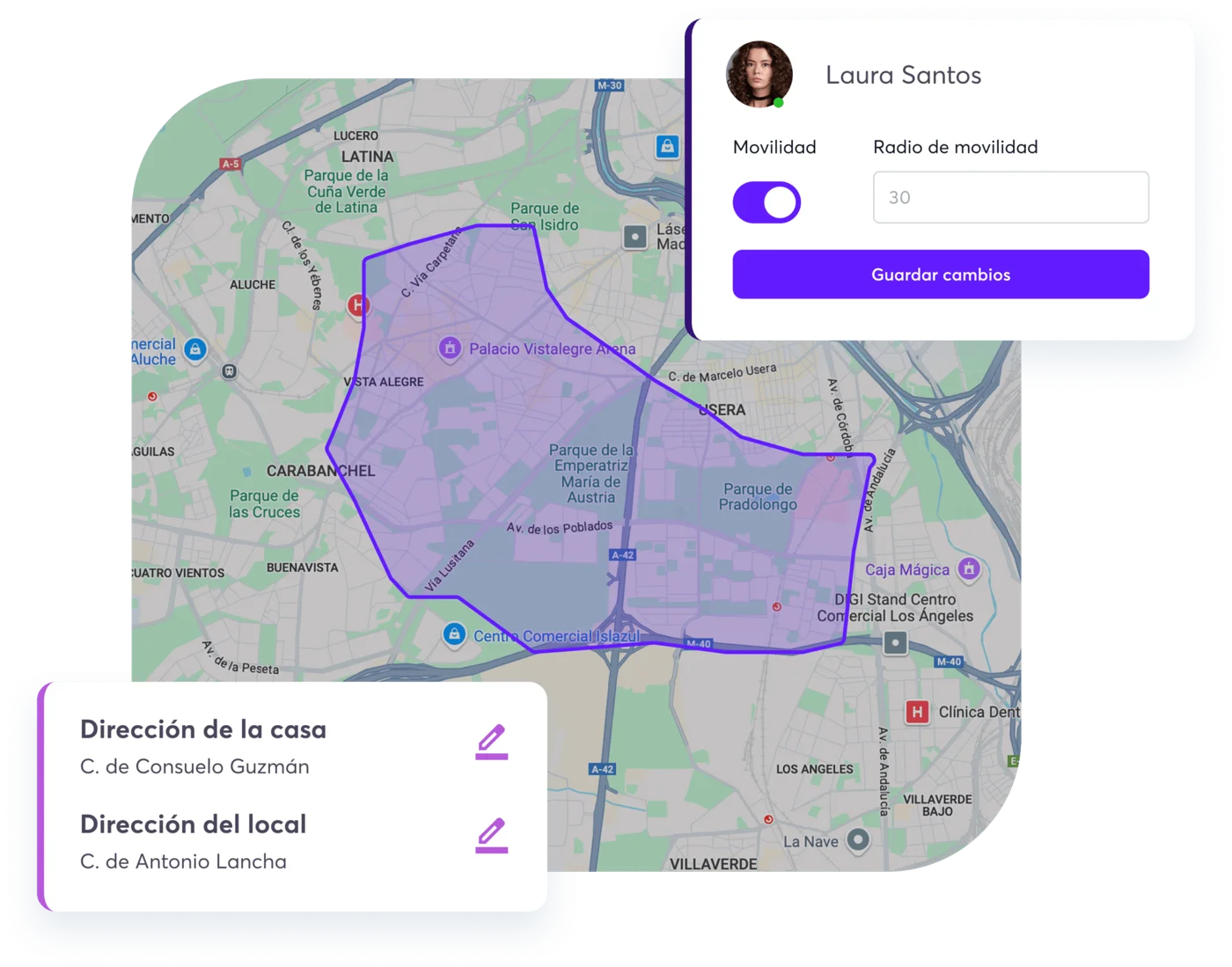 Radio de trabajo de cada profesional en el mapa